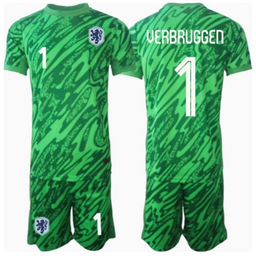 Maglia Calcio Paesi Bassi Bart Verbruggen #1 Portiere Prima Divisa Bambino Europei 2024 Manica Corta (+ pantaloncini)